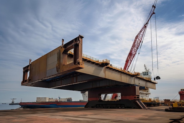 Riesiger Kran, der massive Stahlplatten auf ein neues Schiff hebt