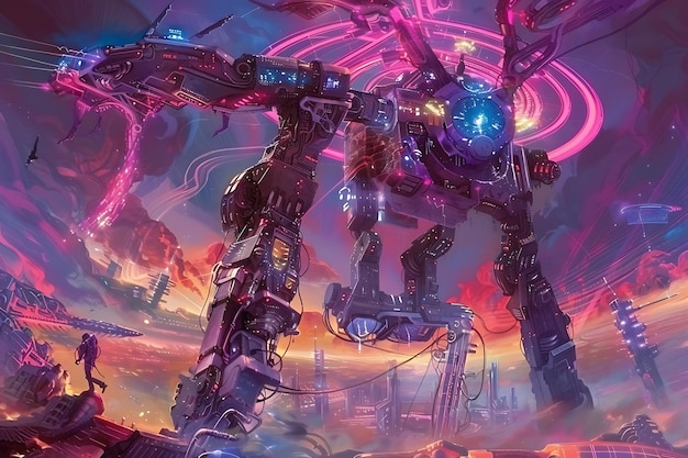 Riesiger mechanischer Wanderer in einem futuristischen Stadtbild