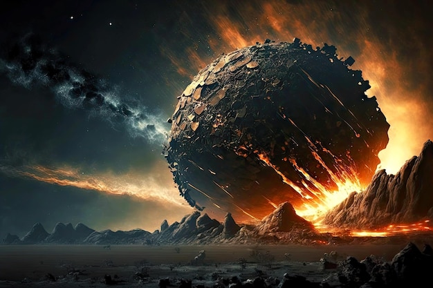Riesiger Meteorit, der auf die Erde fällt, und apokalyptisches Bild von Harmagedon