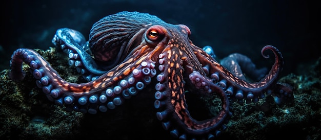 Riesiger Oktopus versteckt sich in der Dunkelheit. Generative KI