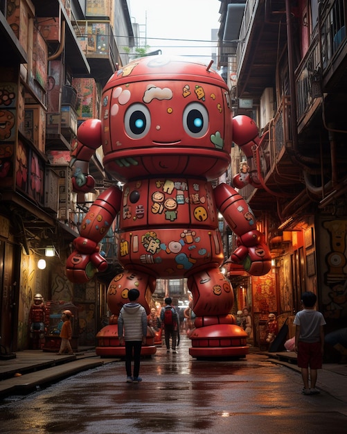 Riesiger roter Roboter läuft durch Kowloon City 6