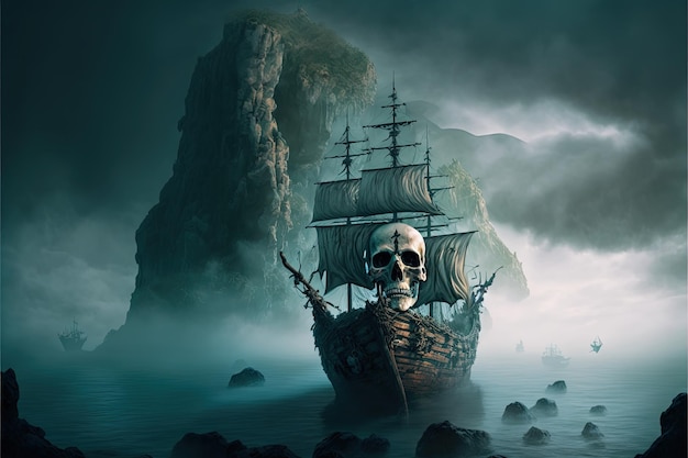 Riesiger Schädel auf Geisterpiratenschiff, Insel im Hintergrund. Generative KI