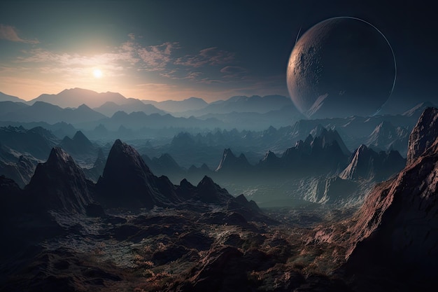 Riesiger und felsiger Exoplanet mit hoch aufragenden Bergen und tiefen Tälern, die mit generativer KI geschaffen wurden