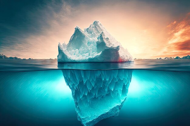Riesiger unter Wasser schwimmender Eisberg und schneeweiße Gipfel über Wasser