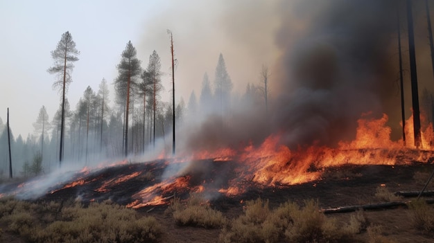 Riesiger Waldbrand in Rotkiefernwäldern, verursacht durch den Klimawandel