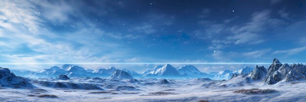 riesiges, ödes Schneeland, große Berge im Hintergrund, Schneefall mit hellblauem Himmel und hellblauen Farben, friedliche Atmosphäre, AI Generativ