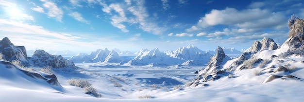 riesiges, ödes Schneeland, große Berge im Hintergrund, Schneefall mit hellblauem Himmel und hellblauen Farben, friedliche Atmosphäre, AI Generativ