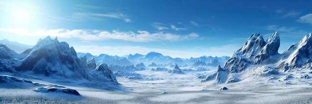 Foto riesiges, ödes schneeland, große berge im hintergrund, schneefall mit hellblauem himmel und hellblauen farben, friedliche atmosphäre, ai generativ