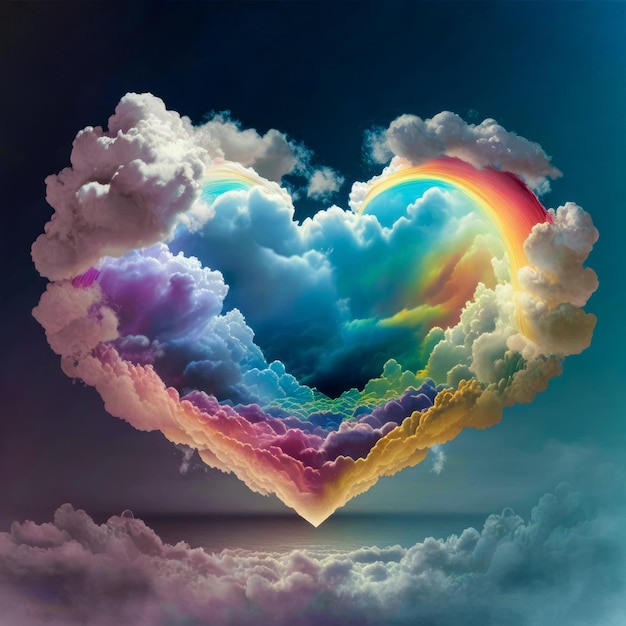 Riesiges Regenbogenherz am Himmel mit weißen Wolken Symbolisches Bild der Liebe Generatives KI-Bild