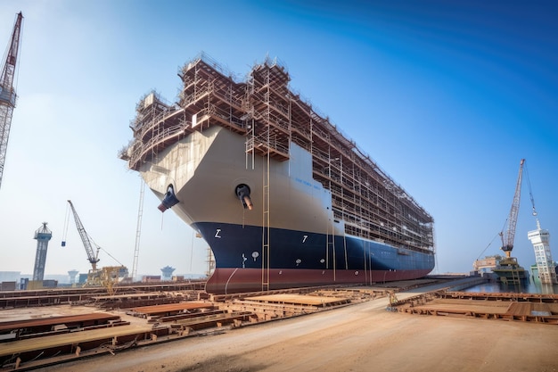 Riesiges Schiff, das in einer großen Werft gebaut wird, mit Kränen und Gerüsten im Blick