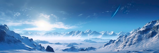 Riesiges, verlassenes Schneeland, große Berge im Hintergrund, Schneefall mit hellblauem Himmel und hellblauen Farben, friedliche Atmosphäre