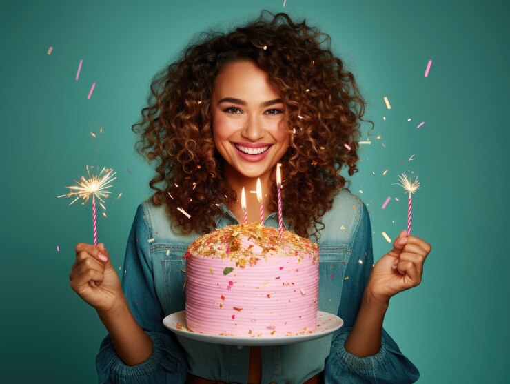 Ríete a carcajadas linda joven hermosa mujer sosteniendo un gran pastel de cumpleaños con velas