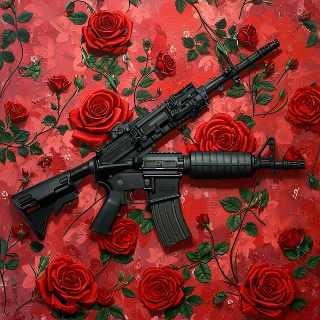 rifle colocando em um fundo rosa vermelho com rosas generativo ai