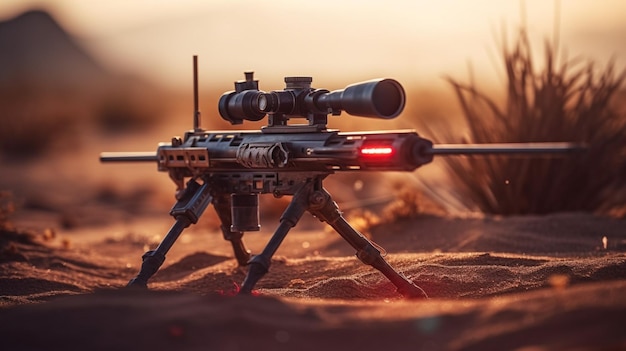 Un rifle de francotirador con una luz roja se sienta en el desierto.