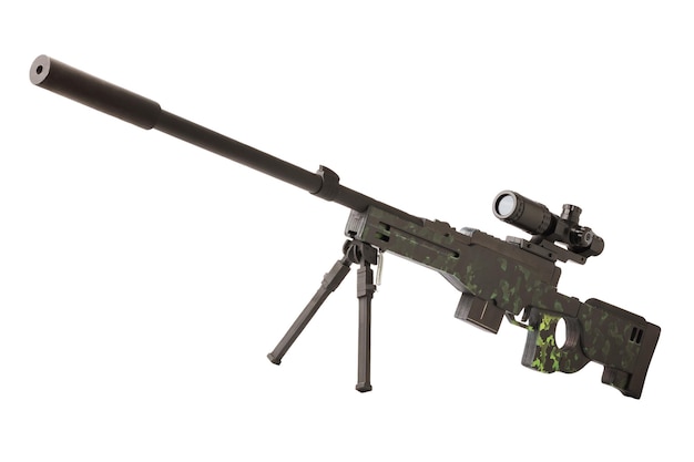 Rifle sniper de brinquedo de madeira com mira telescópica isolada no fundo  branco