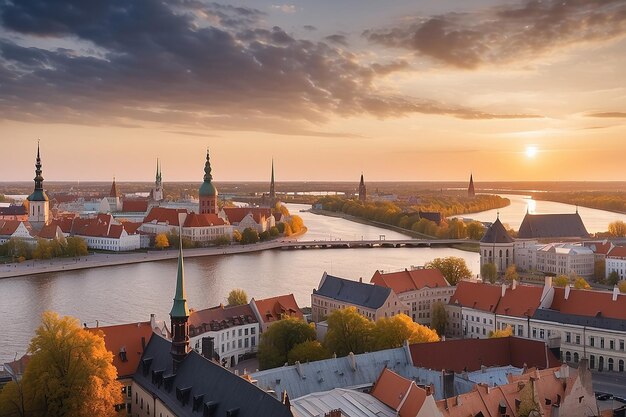 Riga-Dachpanorama bei Sonnenuntergang mit städtischen Architekturen und Blick auf den Fluss Daugava auf die Altstadt