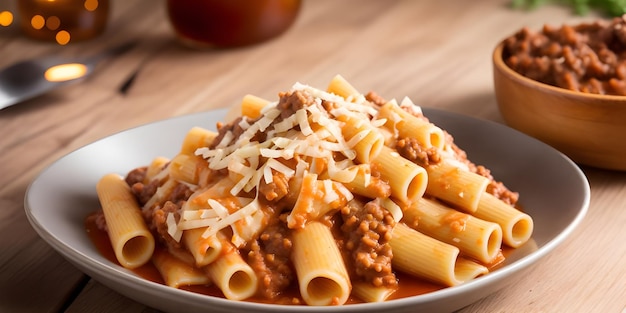 Rigatoni Bolognese hausgemachte Rigatoni gekochtes Rindfleisch Pecorino auf einem Teller