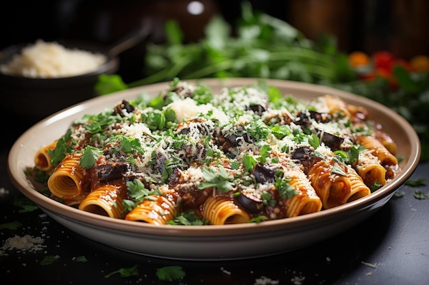 Foto rigatoni exquisito con berenjena y ricotta