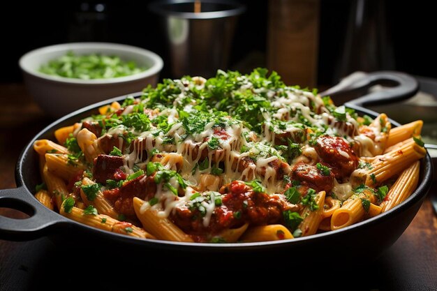 Rigatoni con salchichas y pimientos en crema de tomate