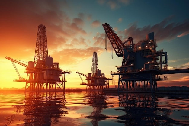 Rigs de petróleo no meio do oceano em Sunset O fundo da indústria de petróleo e gás com uma plataforma para a produção de produtos petrolíferos AI Gerado