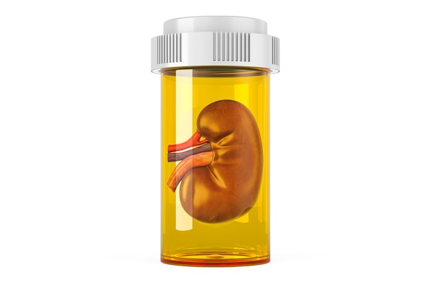 Foto rim humano dentro da garrafa médica de pílulas renderização em 3d do conceito de rim e drogas