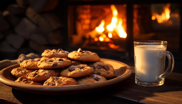 Rincón acogedor con galletas de chocolate recién horneadas y leche junto a la chimenea taza de café de cerámica