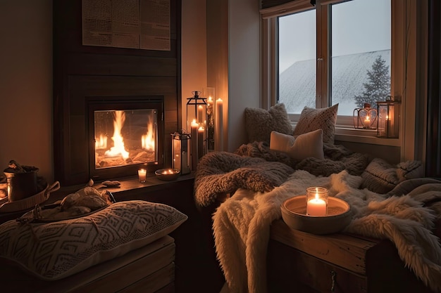 Un rincón acogedor con lujosas mantas, almohadas y una cálida chimenea.