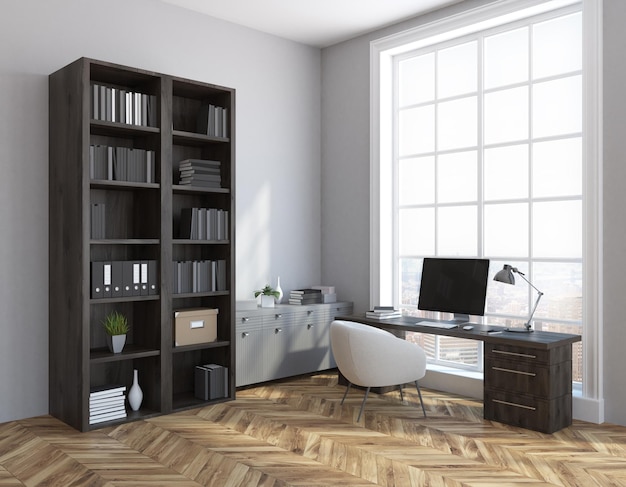 Rincón clásico de oficina en casa con grandes ventanales, suelo de madera y una mesa con ordenador junto a una librería de madera oscura. Concepto de trabajo independiente. maqueta de renderizado 3d