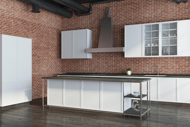 Rincón de cocina de ladrillo moderno con encimeras blancas. Concepto de una casa confortable. maqueta de renderizado 3d