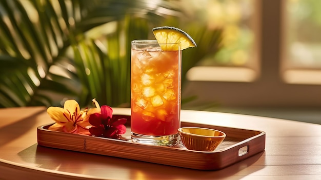 En un rincón de desayuno iluminado por el sol un vaso lleno de jugo de naranja vibrante descansa en una mesa de madera rústica IA generativa