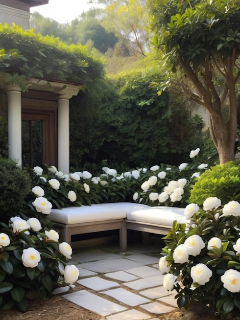 Un rincón de jardín sereno con camelias blancas que forman un marco natural