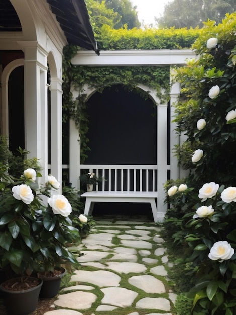 Un rincón de jardín sereno con camelias blancas que forman un marco natural