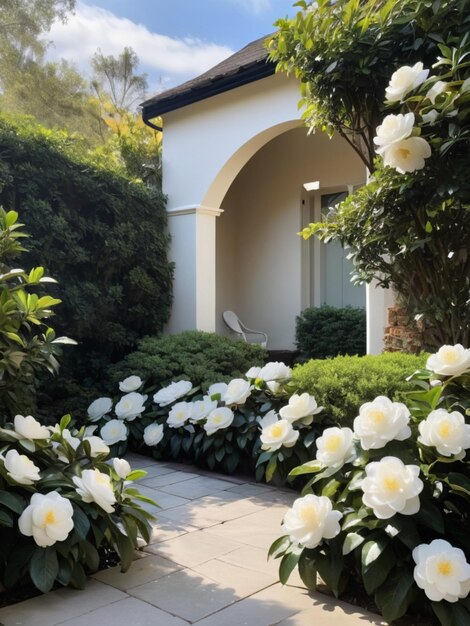 Un rincón de jardín sereno con camelias blancas que forman un marco natural