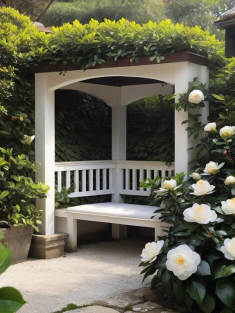 Un rincón de jardín sereno con camelias blancas que forman un marco natural