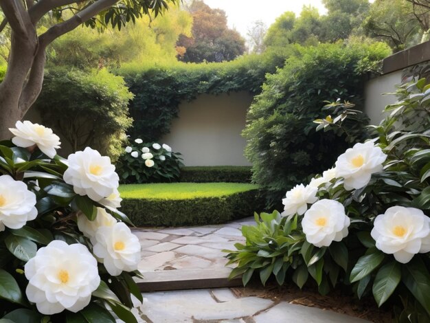 Un rincón de jardín sereno con camelias blancas que forman un marco natural