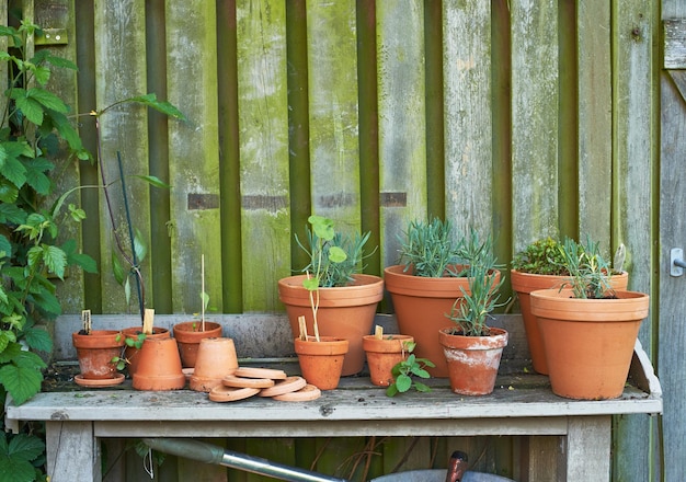 Rincón de los jardineros Montones de macetas en un rincón de los jardineros