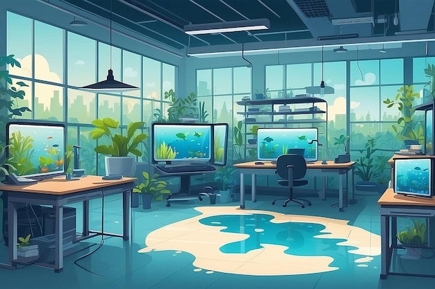 un rincón del laboratorio con un área dedicada al estudio del impacto del cambio climático en los ecosistemas ilustración vectorial en estilo plano