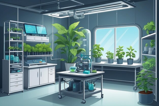 un rincón del laboratorio con un área dedicada para estudiar los efectos de la microgravedad en el vector de crecimiento de las plantas ilustración en estilo plano