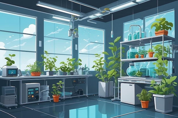 un rincón del laboratorio con un área dedicada para estudiar los efectos de la microgravedad en el vector de crecimiento de las plantas ilustración en estilo plano