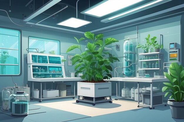 Foto un rincón del laboratorio con un área dedicada para estudiar los efectos de la microgravedad en el vector de crecimiento de las plantas ilustración en estilo plano