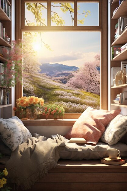 un rincón de lectura acogedor en 3D junto a una ventana con una vista de un paisaje de primavera afuera