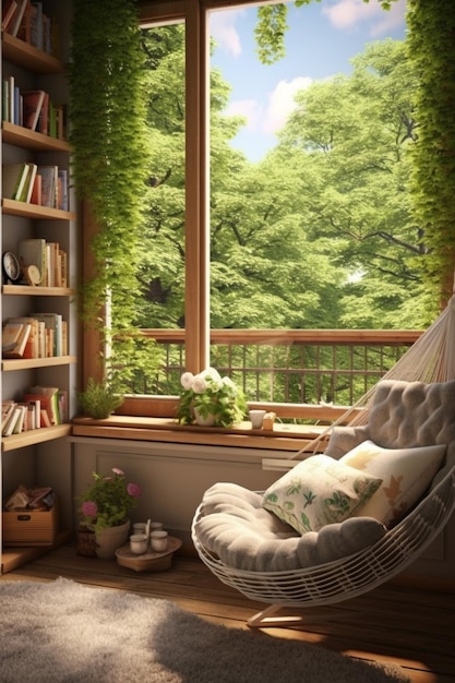 un rincón de lectura acogedor en 3D junto a una ventana con una vista de un paisaje de primavera afuera