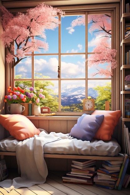 un rincón de lectura acogedor en 3D junto a una ventana con una vista de un paisaje de primavera afuera