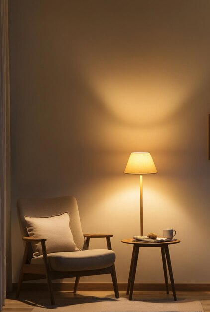 Rincón de lectura minimalista con una simple silla, una pequeña mesa y una sola lámpara que proporciona una iluminación acogedora