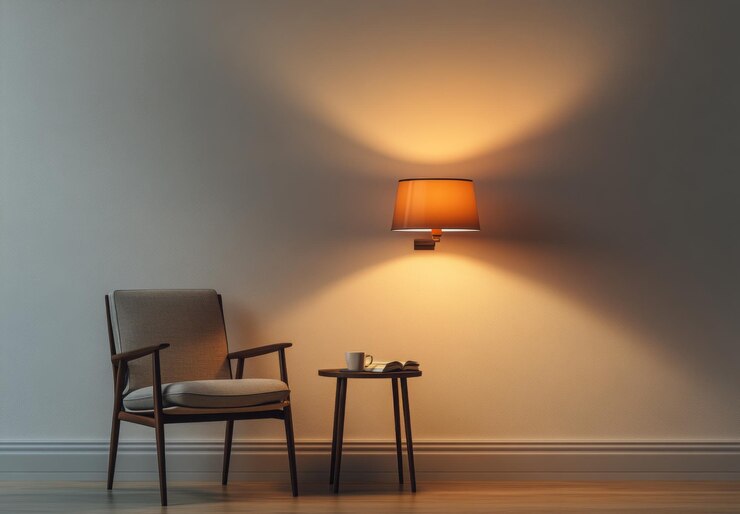 Rincón de lectura minimalista con una simple silla, una pequeña mesa y una sola lámpara que proporciona una iluminación acogedora