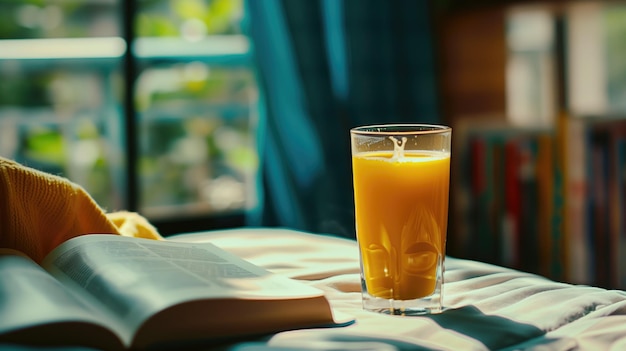 Un rincón de lectura soleado con un vaso de jugo de naranja y un libro abierto