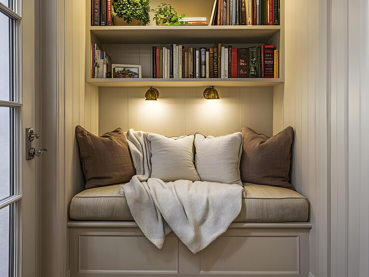 Un rincón de lectura tranquilo y acogedor con estanterías y iluminación montada IA generativa