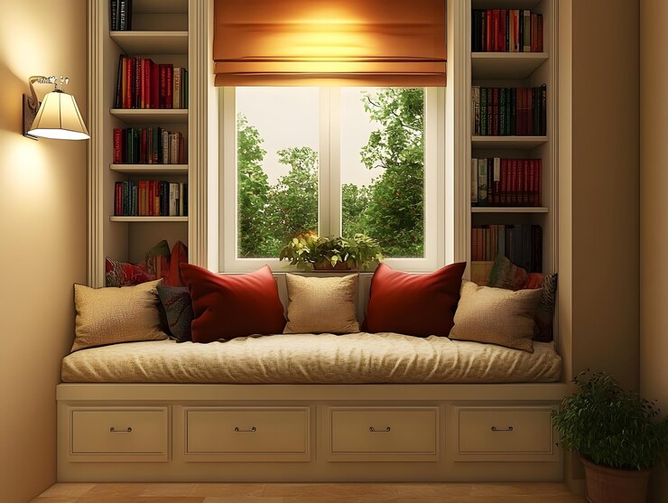 Un rincón de lectura tranquilo y acogedor junto a una ventana con estanterías a ambos lados IA generativa