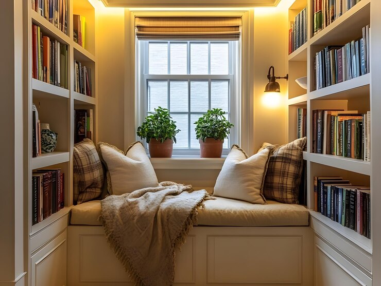 Un rincón de lectura tranquilo y acogedor junto a la ventana con estanterías y lámparas de pared IA generativa