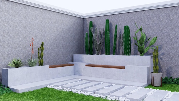 Rincón del parque de representación 3d de textura de cemento con varios tipos de cactus